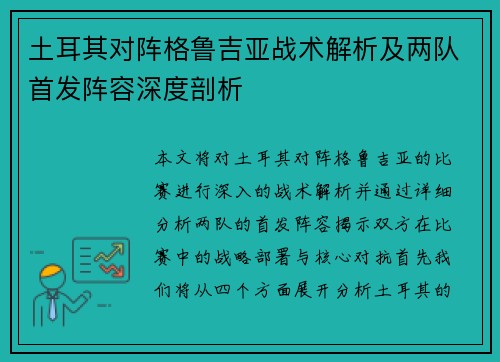 土耳其对阵格鲁吉亚战术解析及两队首发阵容深度剖析